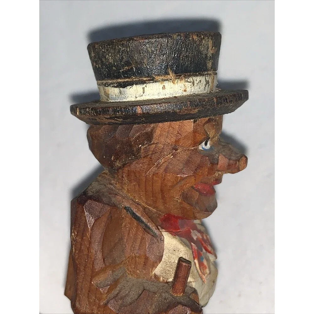 Vintage Hand Carved Wooden Man FolkArt Villager Figurine Top Hat Cane ANRI Style